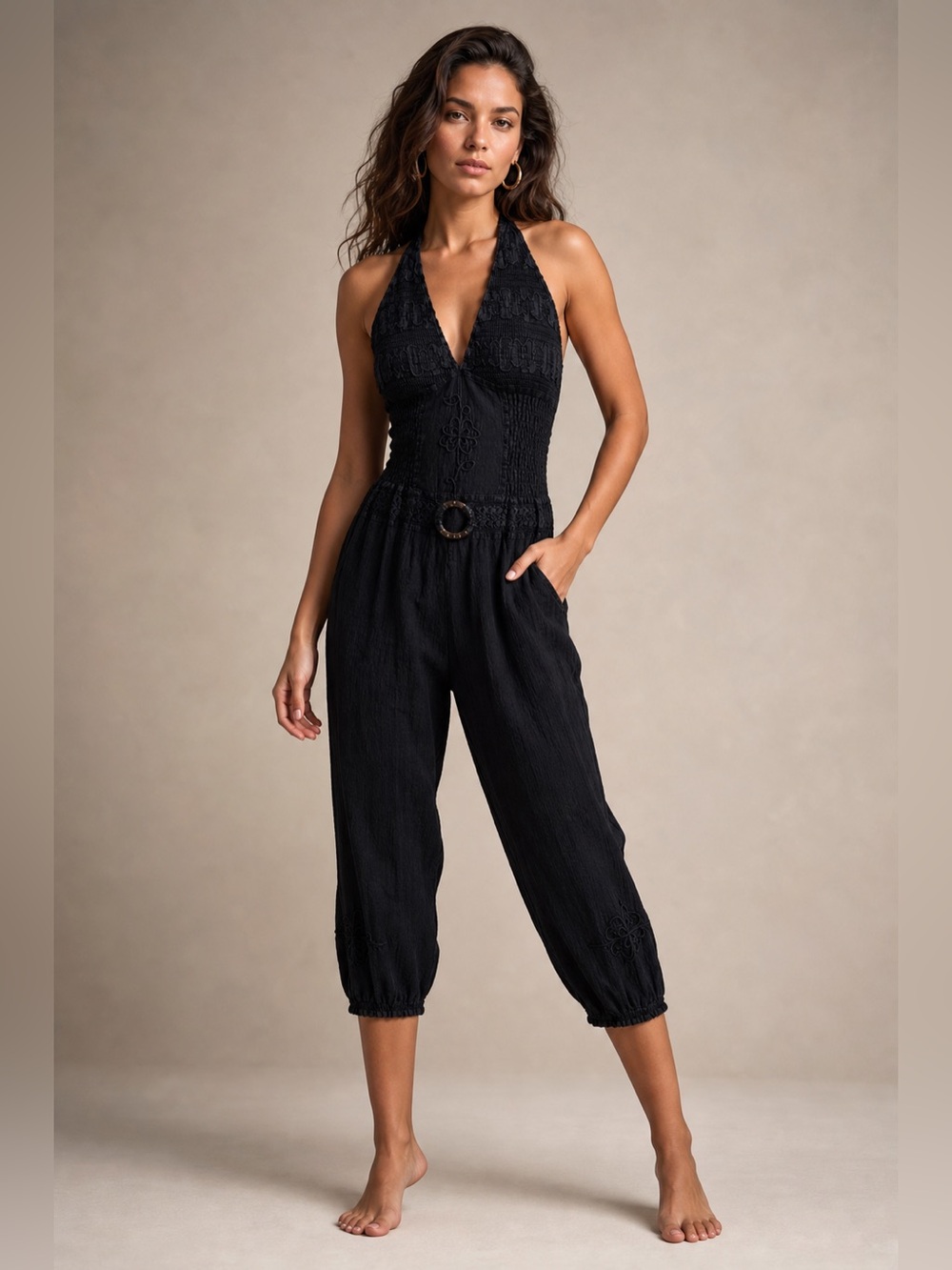 Black Halter Boho Jumpsuit, Wide Leg Cropped Romper, Pockets, Elevated Resort